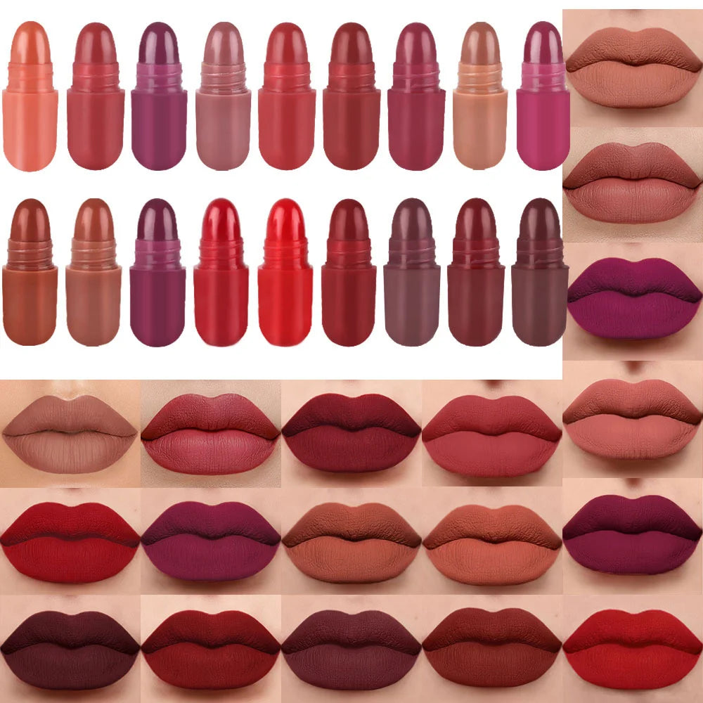 18-piece set of Rosin mini capsule lipsticks in various matte shades arranged on a premium dark background.