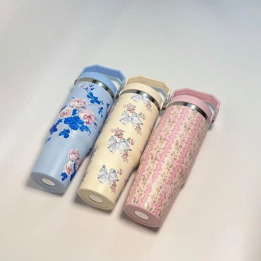 Rosin Official™ Floral & Bow Print Insulated Tumbler – Stainless Steel Travel Mug
