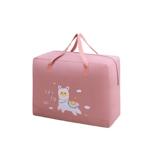 Large capacity cartoon print kids quilt storage bag with reinforced handles and moisture-proof zipper for kindergarten bedding organization.