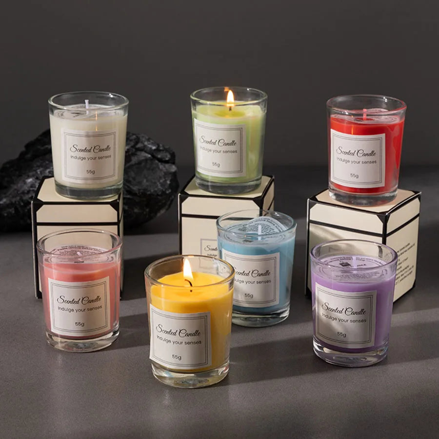Luxury handmade soy wax aromatherapy candle in a premium glass jar with a minimalist gift box, featuring a smokeless wick and natural essential oils.