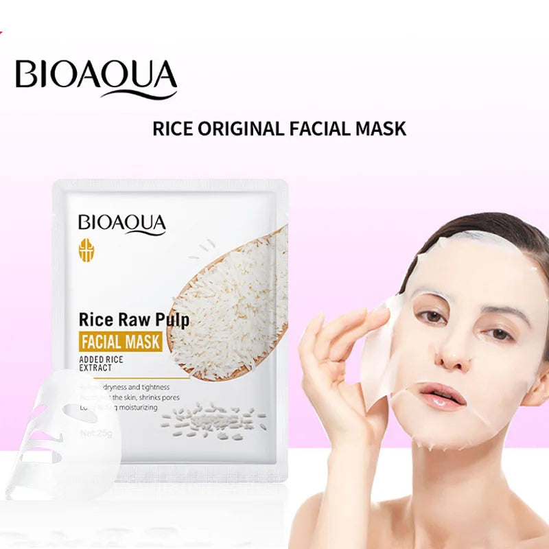 Box of 20 BIOAOUA Rice Raw Pulp Sleeping Masks showing individual sachets with rice extract illustration for overnight skin brightening.