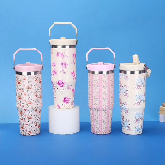 900ml stainless steel travel tumbler with trendy bow and floral pattern